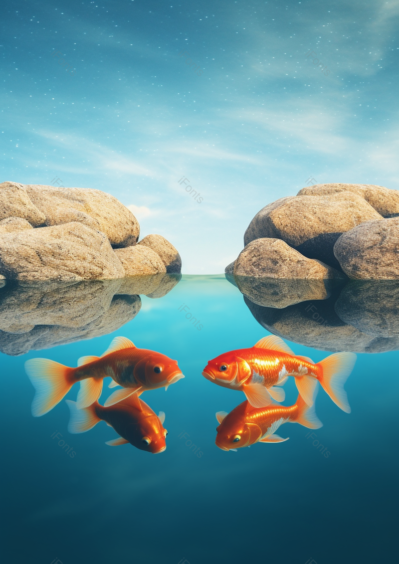 蓝天下石头边河里游的金鱼手绘背景,插画/手绘图,插画/手绘图库,插画/手绘图下载,插画/手绘